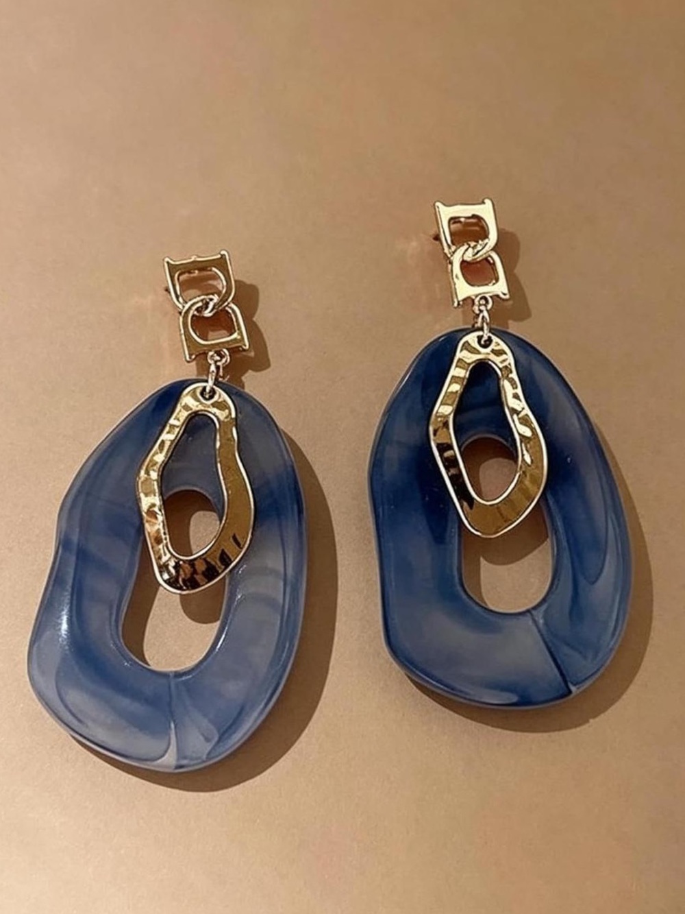 Luxury Anthropologie Gold & Blue Color Open Oval Drop Earrings